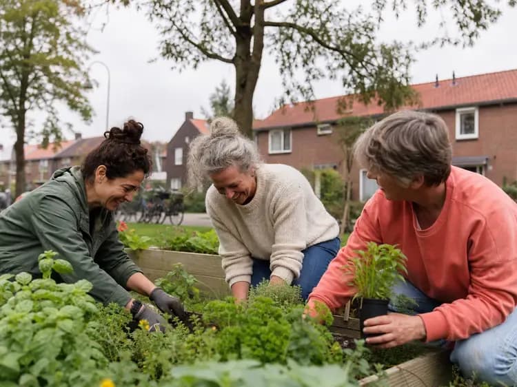 Vrijwilligers werken samen in een buurttuin